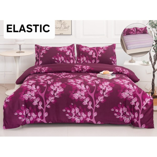 Set Lenjerie Pat Dublu Bumbac Satinat 4 Piese cu Cearșaf cu Elastic – Model Floral Mov Prună, LES-068 Set Lenjerie Pat Dublu Bumbac Satinat 4 Piese cu Cearșaf cu Elastic – Model Floral Mov Prună, LES-068