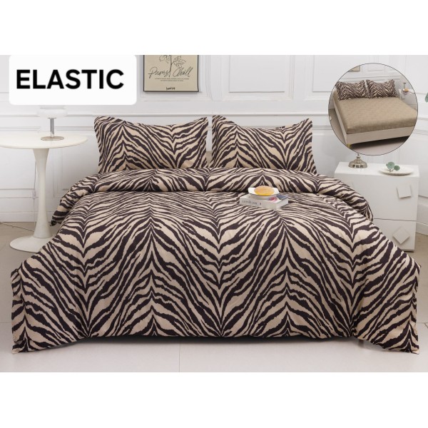 Set Lenjerie Pat Dublu Bumbac Satinat 4 Piese cu Cearșaf cu Elastic – Model Zebra Bej, LES-074