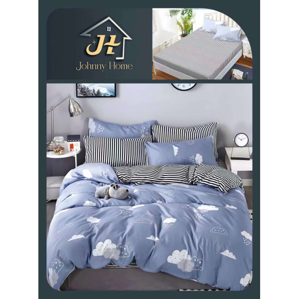 Lenjerie de Pat Dublu Bumbac Satinat Superior 4 Piese cu Cearșaf cu Elastic – Model Nori Bleu, LLE-019