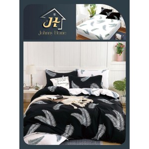 Lenjerie de Pat Dublu Bumbac Satinat Superior 4 Piese cu Cearșaf cu Elastic – Model Frunze Tropicale Alb/Negru, LLE-030