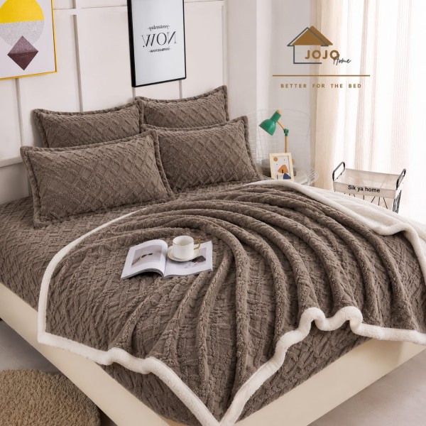Set 6 Piese, Pătură cu Blăniță, Cearșaf cu Elastic și 4 Fețe de Pernă, Maro, SPH-004