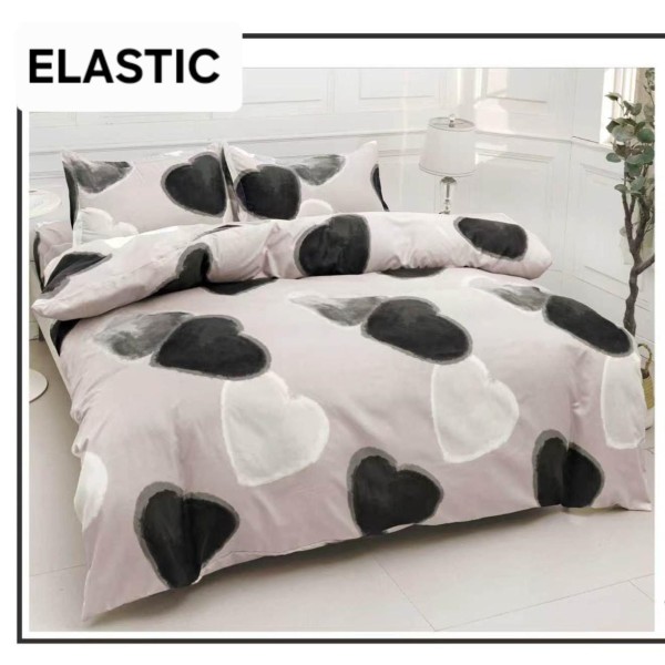 Set Lenjerie Pat Dublu Bumbac Satinat 4 Piese cu Cearșaf cu Elastic – Model Inimi Alb-Negru, LES-076 Set Lenjerie Pat Dublu Bumbac Satinat 4 Piese cu Cearșaf cu Elastic – Model Inimi Alb-Negru, LES-076