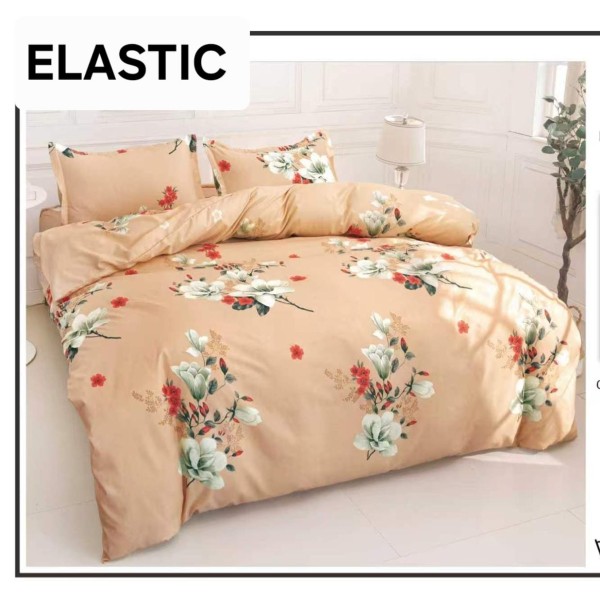 Set Lenjerie Pat Dublu Bumbac Satinat 4 Piese cu Cearșaf cu Elastic – Model Flori Albe pe Fundal Bej, LES-086 Set Lenjerie Pat Dublu Bumbac Satinat 4 Piese cu Cearșaf cu Elastic – Model Flori Albe pe Fundal Bej, LES-086