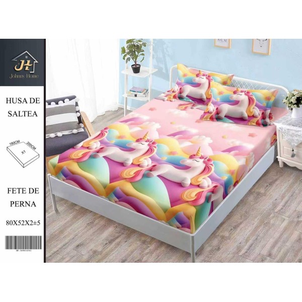 Husă Pat cu Elastic din Finet 180x200 cm + 2 Fețe de Pernă – Model Unicorn Curcubeu Roz, HDF-120 Husă Pat cu Elastic din Finet 180x200 cm + 2 Fețe de Pernă – Model Unicorn Curcubeu Roz, HDF-120
