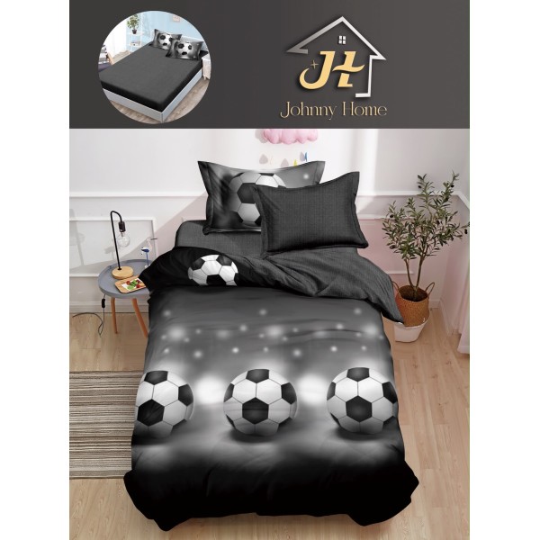 Lenjerie Bumbac Finet Superior 4 Piese Pat 1 Persoană cu Cearșaf cu Elastic – Model Mingi de Fotbal, Negru-Gri, YEM-001