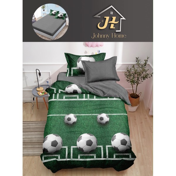 Lenjerie Bumbac Finet Superior 4 Piese Pat 1 Persoană cu Cearșaf cu Elastic – Model Fotbal, Verde-Gri, YEM-004