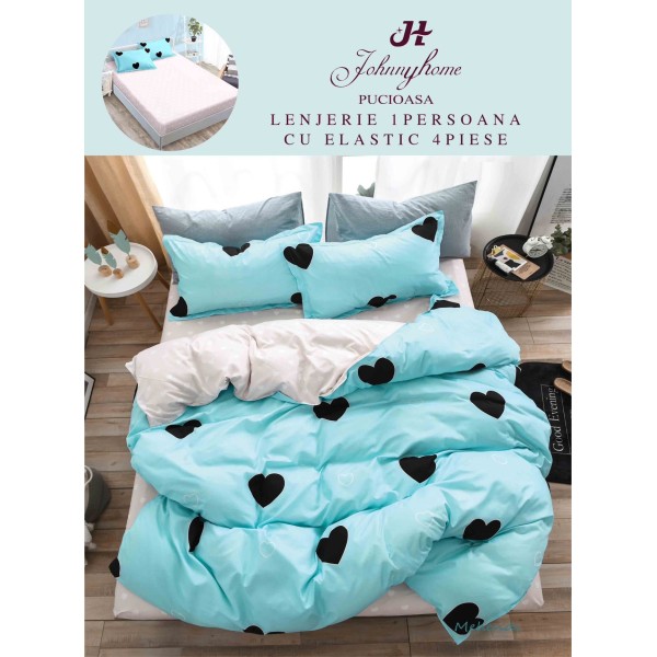 Lenjerie Bumbac Finet Superior 4 Piese Pat 1 Persoană cu Cearșaf cu Elastic – Model Inimi Negre, Turcoaz, YEM-006