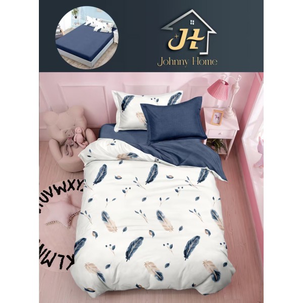 Lenjerie Bumbac Finet Superior 4 Piese Pat 1 Persoană cu Cearșaf cu Elastic – Model Pene, Alb-Bleumarin, YEM-007