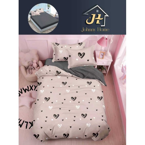 Lenjerie Bumbac Finet Superior 4 Piese Pat 1 Persoană cu Cearșaf cu Elastic – Model Inimi, Bej-Gri, YEM-008