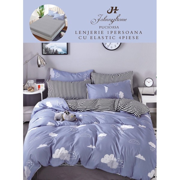 Lenjerie Bumbac Finet Superior 4 Piese Pat 1 Persoană cu Cearșaf cu Elastic – Model Norișori, Albastru Gri, YEM-009