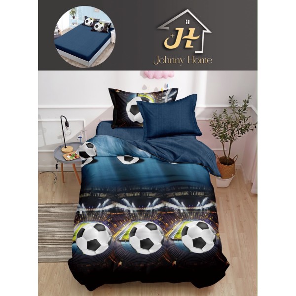 Lenjerie Bumbac Finet Superior 4 Piese Pat 1 Persoană cu Cearșaf cu Elastic – Model Fotbal Stadion, Albastru, YEM-010