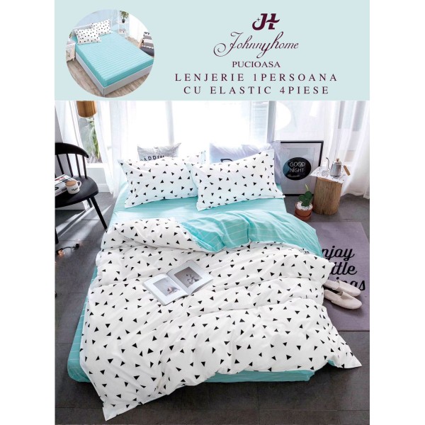 Lenjerie Bumbac Finet Superior 4 Piese Pat 1 Persoană cu Cearșaf cu Elastic – Model Triunghiuri, Alb-Turcoaz, YEM-012
