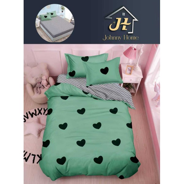 Lenjerie Bumbac Finet Superior 4 Piese Pat 1 Persoană cu Cearșaf cu Elastic – Model Inimi, Verde Mentă, YEM-013