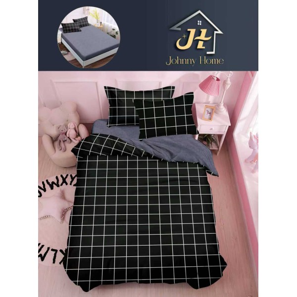 Lenjerie Bumbac Finet Superior 4 Piese Pat 1 Persoană cu Cearșaf cu Elastic – Model Carouri, Negru și Alb, YEM-017