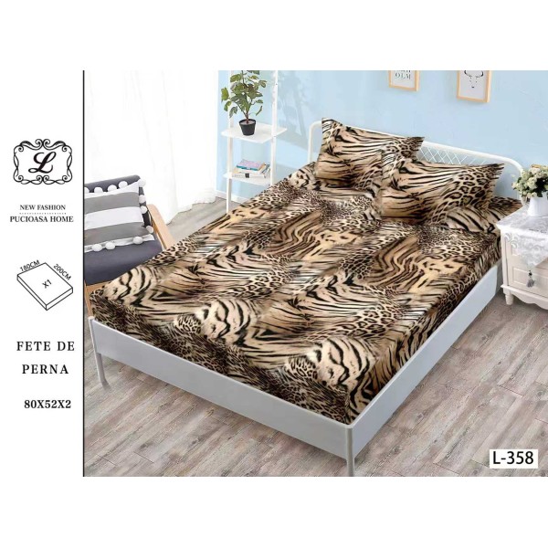 Cearșaf cu Elastic Bumbac Satinat 180x200 cm + 2 Fețe de Pernă – Model Animal Print, Maro/Bej, OHT-033 Cearșaf cu Elastic Bumbac Satinat 180x200 cm + 2 Fețe de Pernă – Model Animal Print, Maro/Bej, OHT-033
