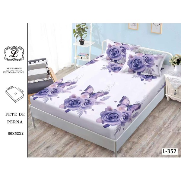 Cearșaf cu Elastic Bumbac Satinat 180x200 cm + 2 Fețe de Pernă – Model Trandafiri Mov și Fluturi, OHT-054 Cearșaf cu Elastic Bumbac Satinat 180x200 cm + 2 Fețe de Pernă – Model Trandafiri Mov și Fluturi, OHT-054