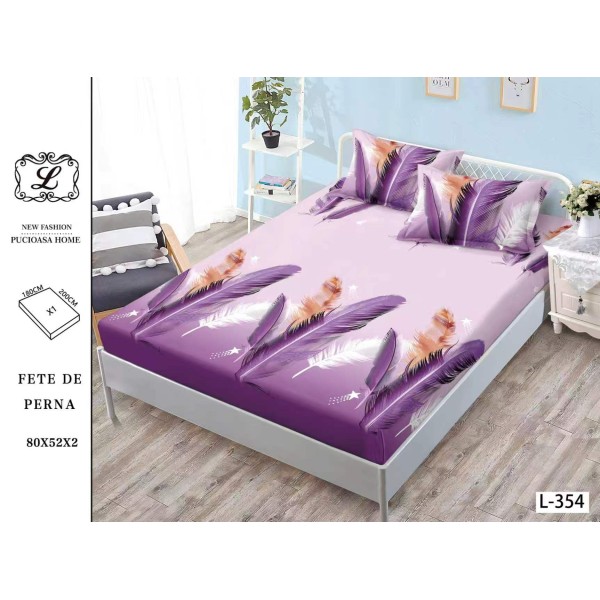 Cearșaf cu Elastic Bumbac Satinat 180x200 cm + 2 Fețe de Pernă – Model Pene Mov și Lila, OHT-088 Cearșaf cu Elastic Bumbac Satinat 180x200 cm + 2 Fețe de Pernă – Model Pene Mov și Lila, OHT-088