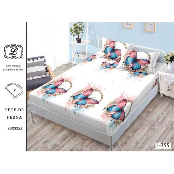 Cearșaf cu Elastic Bumbac Satinat 180x200 cm + 2 Fețe de Pernă – Model Fluturi Roz și Albastru, OHT-091