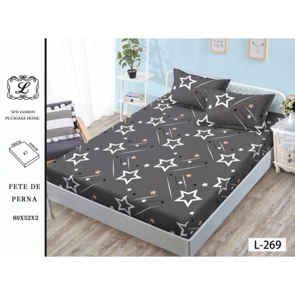 Cearșaf cu Elastic Bumbac Satinat 180x200 cm + 2 Fețe de Pernă – Model Stele Gri Antracit, OHT-066 Cearșaf cu Elastic Bumbac Satinat 180x200 cm + 2 Fețe de Pernă – Model Stele Gri Antracit, OHT-066
