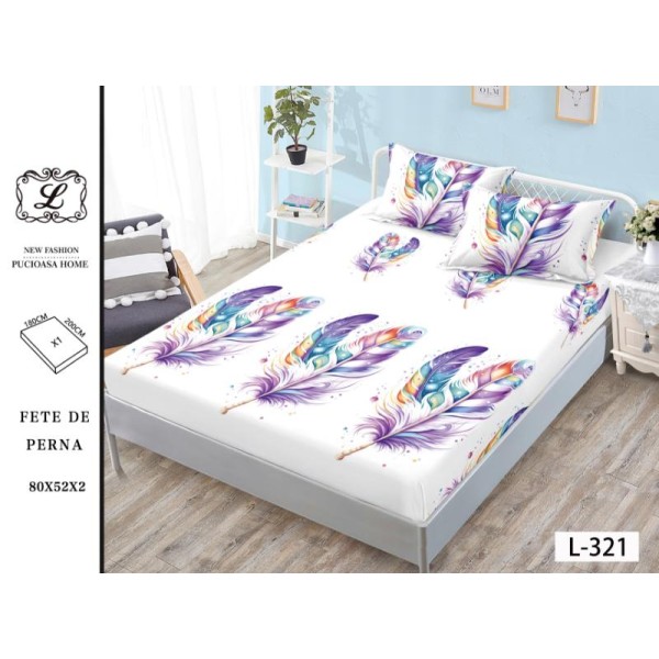 Cearșaf cu Elastic Bumbac Satinat 180x200 cm + 2 Fețe de Pernă – Model Pene Multicolore, OHT-108 Cearșaf cu Elastic Bumbac Satinat 180x200 cm + 2 Fețe de Pernă – Model Pene Multicolore, OHT-108