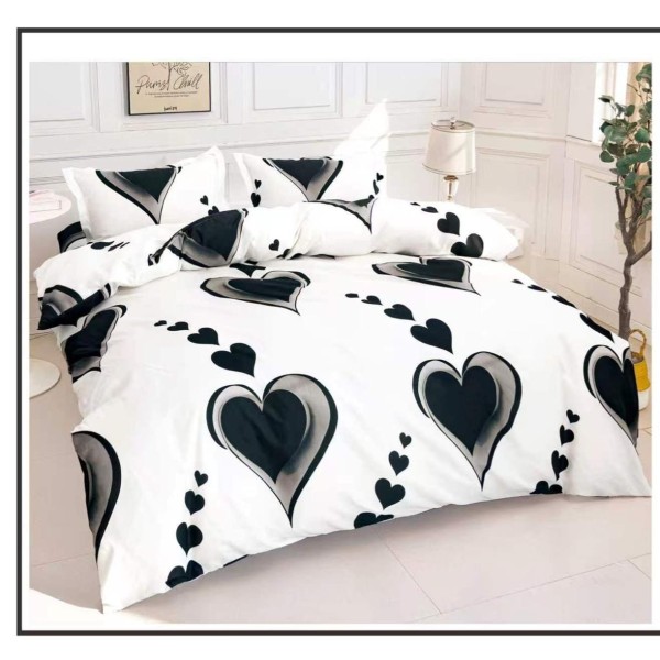 Set Pilotă Matlasată 185x230 cm + Cearșaf cu Elastic 180x200 cm + 2 Fețe de Pernă 50x70 cm –  Inimi Alb-Negru, PPL-032