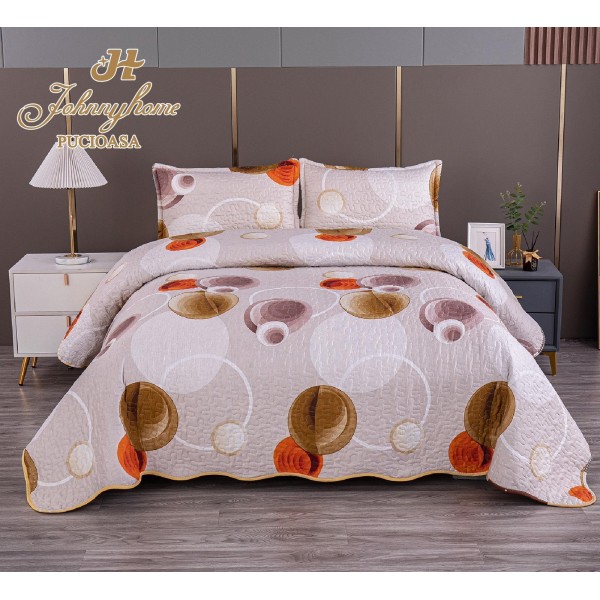 Cuvertură Matlasată pentru Pat Dublu din Bumbac Satinat + 2 Fețe de Pernă – Model Elegant Albastru și Maro, OCT-008