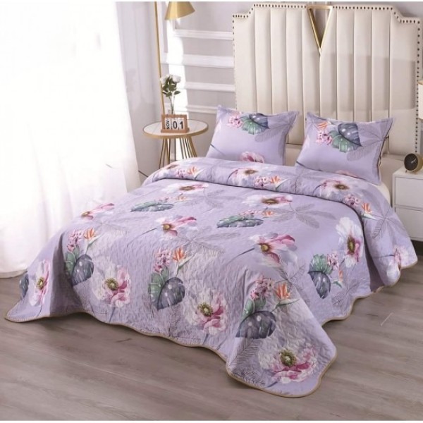 Cuvertură Matlasată  pentru Pat Dublu din Bumbac Satinat + 2 Fețe de Pernă – Model Floral Lila, OCT-049