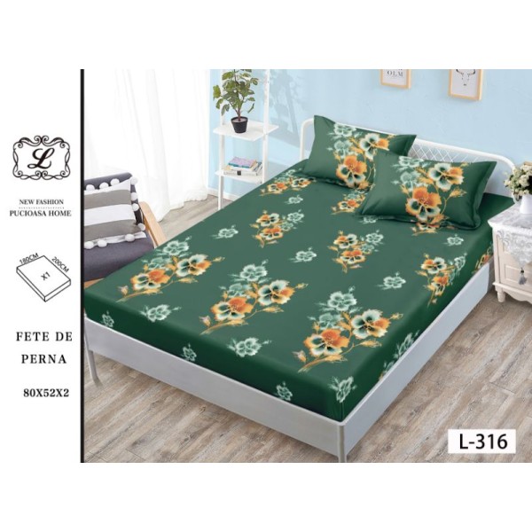 Cearșaf cu Elastic 180x200 cm din Bumbac Satinat + 2 Fețe de Pernă 50x80 cm – Model Floral Verde Smarald, OHT-048