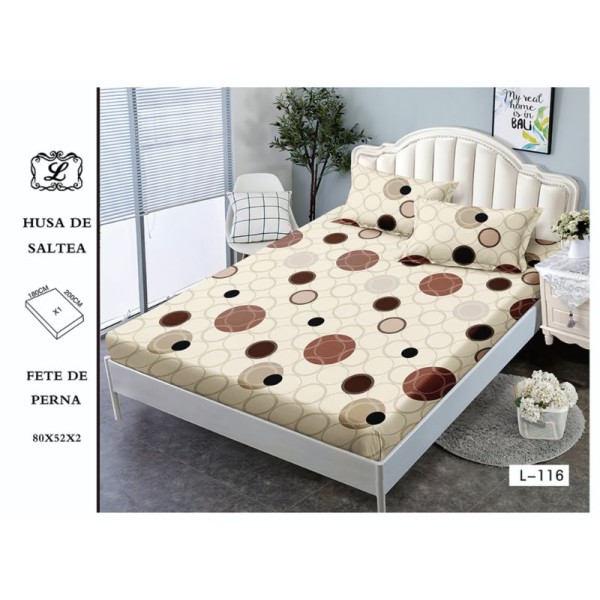 Cearșaf cu Elastic 180x200 cm din Bumbac Satinat + 2 Fețe de Pernă 50x80 cm – Model Geometric Bej cu Cercuri, OHT-043