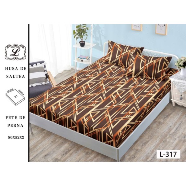 Cearșaf cu Elastic 180x200 cm din Bumbac Satinat + 2 Fețe de Pernă 50x80 cm – Model Geometric Maro, OHT-069