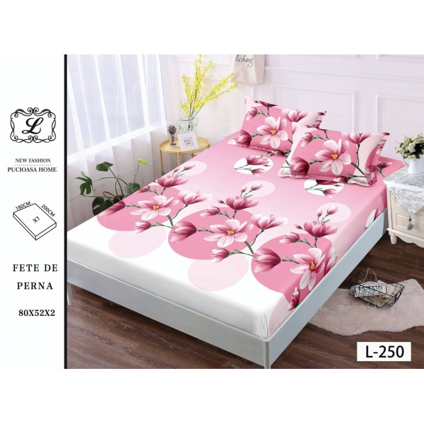 Cearșaf cu Elastic Bumbac Satinat 180x200 cm + 2 Fețe de Pernă – Model Floral Roz Magnolia, OHT-111