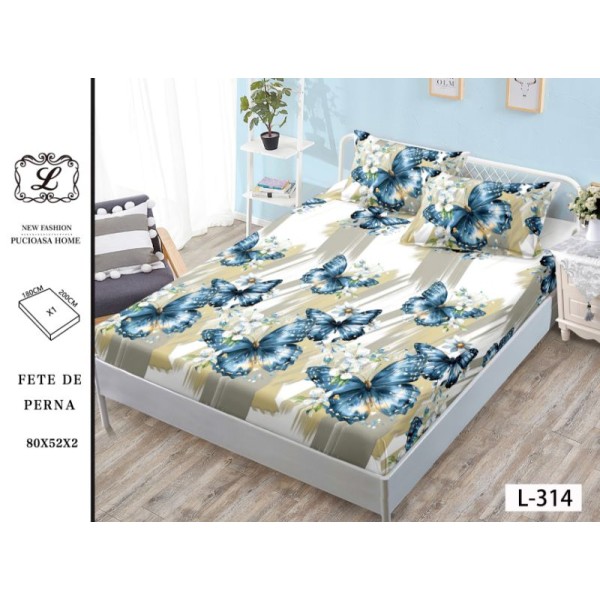Cearșaf cu Elastic Bumbac Satinat 180x200 cm + 2 Fețe de Pernă – Model Fluturi Albaștri, OHT-113