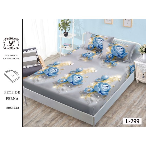 Cearșaf cu Elastic Bumbac Satinat 180x200 cm + 2 Fețe de Pernă – Model Trandafiri Albaștri - Gri Perlat, OHT-119