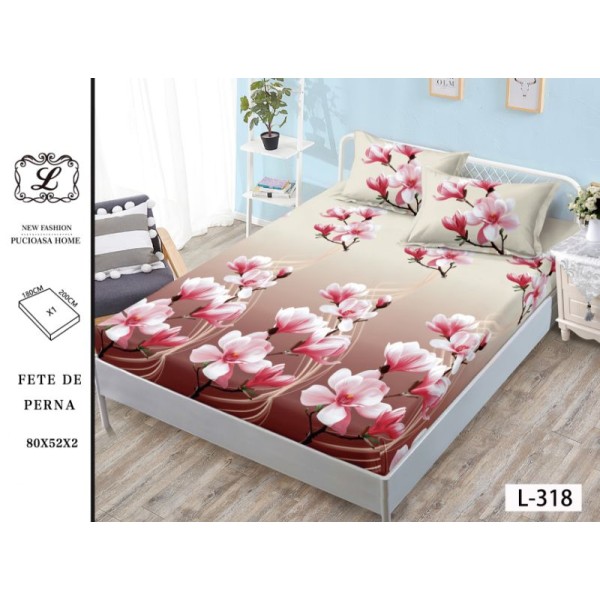 Cearșaf cu Elastic Bumbac Satinat 180x200 cm + 2 Fețe de Pernă – Model Magnolii Roz Elegante, Bej-Cappuccino, OHT-120