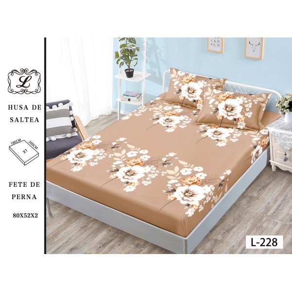 Cearșaf cu Elastic Bumbac Satinat 180x200 cm + 2 Fețe de Pernă – Model Floral Bej Elegant, OHT-123