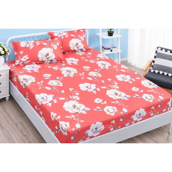 Husa pat cu elastic, Bumbac FINET, 160x200cm, 2 fete de perne 50x70cm, Portocaliu-Alb, flori, OHT-025