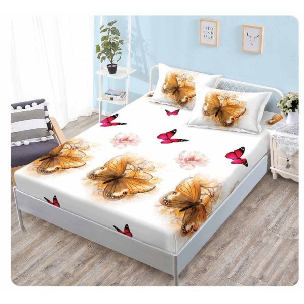 Cearșaf cu Elastic Bumbac Satinat 180x200 cm + 2 Fețe de Pernă – Model Fluturi Aurii Eleganți, OHT-125