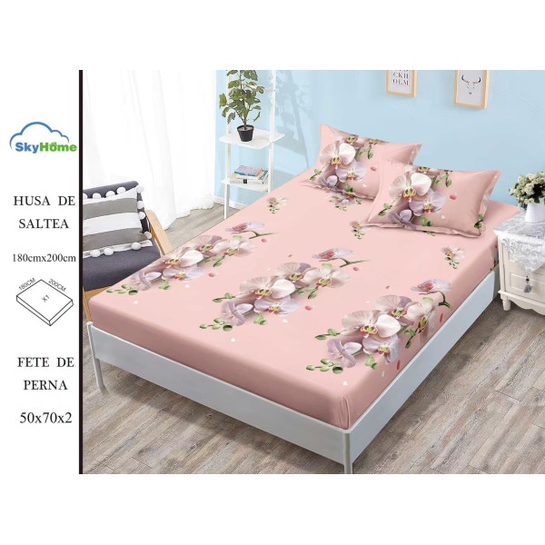 Cearșaf cu Elastic Bumbac Satinat 180x200 cm + 2 Fețe de Pernă – Model Orhidee Roz, OHT-127