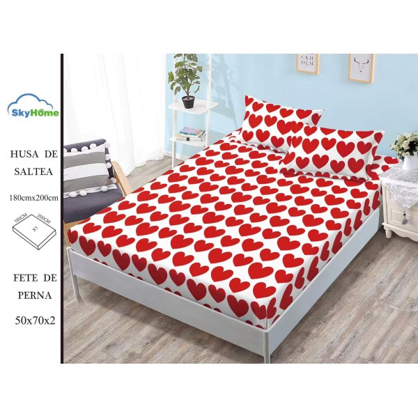 Cearșaf cu Elastic Bumbac Satinat 180x200 cm + 2 Fețe de Pernă – Model Inimi Roșii Romantic, OHT-128