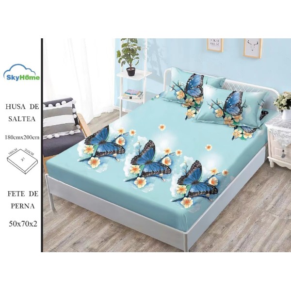 Cearșaf cu Elastic Bumbac Satinat 180x200 cm + 2 Fețe de Pernă – Model Fluturi Albaștri, OHT-130