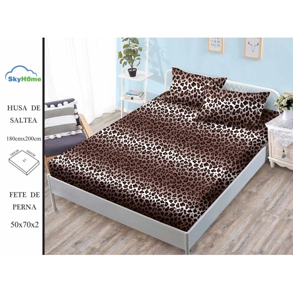 Cearșaf cu Elastic Bumbac Satinat 180x200 cm + 2 Fețe de Pernă – Model Leopard Maro, OHT-131 Cearșaf cu Elastic Bumbac Satinat 180x200 cm + 2 Fețe de Pernă – Model Leopard Maro, OHT-131