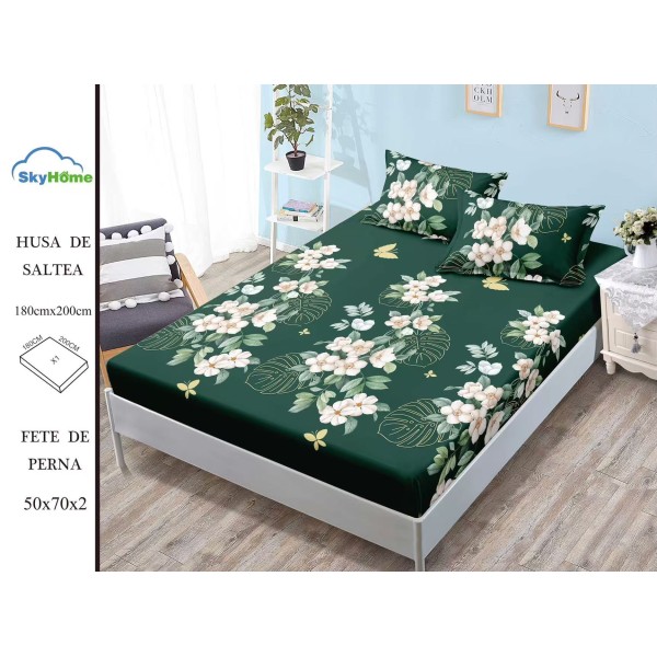 Cearșaf cu Elastic Bumbac Satinat 180x200 cm + 2 Fețe de Pernă – Model Floral Verde Smarald, OHT-132