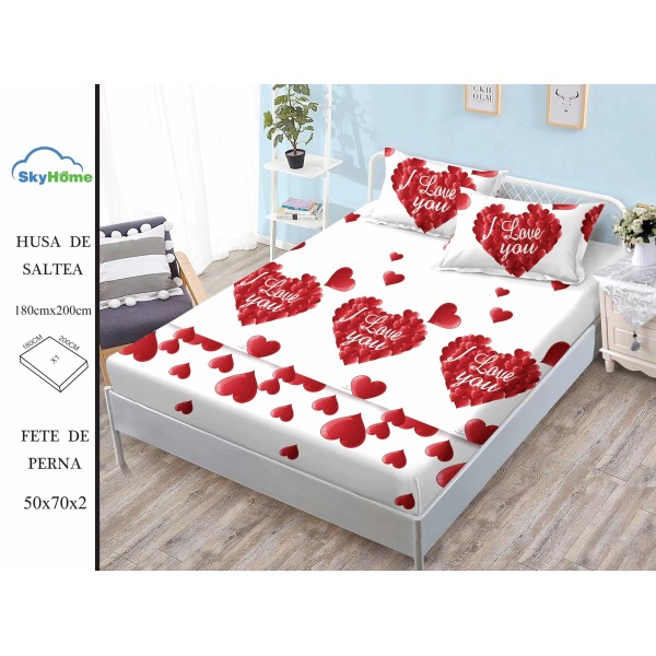 Cearșaf cu Elastic Bumbac Satinat 180x200 cm + 2 Fețe de Pernă – Model Inini Rosii, OHT-134
