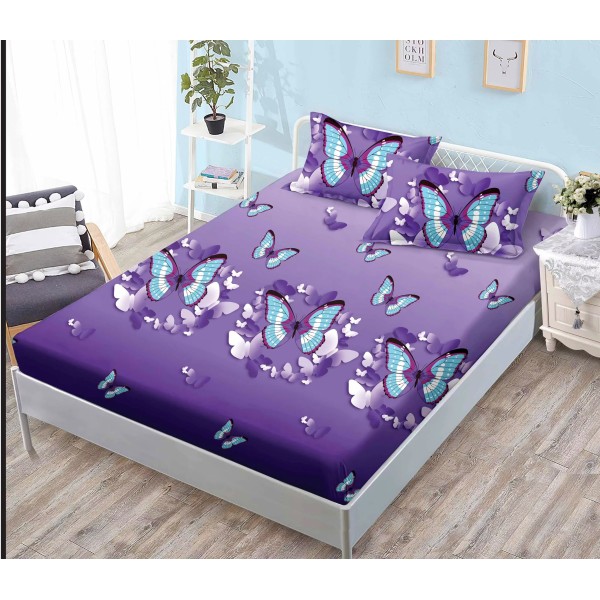 Cearșaf cu Elastic Bumbac Satinat 180x200 cm + 2 Fețe de Pernă – Model Fluturi Turcoaz pe Fundal Mov, OHT-135