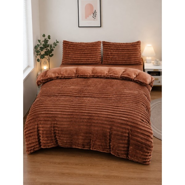 Set Lenjerie Pufoasă Cocolino cu Elastic 4 Piese, Pat Dublu, Maro, Model Dungi Reliefati, LEC-165 Set Lenjerie Pufoasă Cocolino cu Elastic 4 Piese, Pat Dublu, Maro, Model Dungi Reliefati, LEC-165