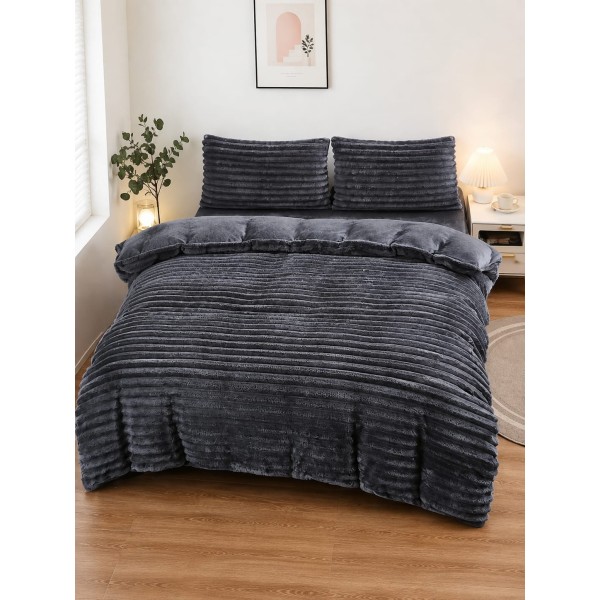 Set Lenjerie Pufoasă Cocolino cu Elastic 4 Piese, Pat Dublu, Gri antracit, Model Dungi Reliefati, LEC-161 Set Lenjerie Pufoasă Cocolino cu Elastic 4 Piese, Pat Dublu, Gri antracit, Model Dungi Reliefati, LEC-161