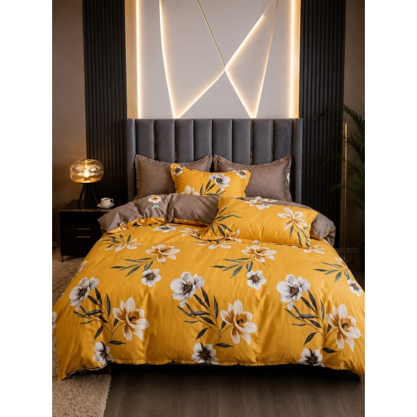 Lenjerie de Pat Dublu 4 Piese Bumbac Satinat Superior – Model Floral Galben Muștar cu Maro, LDBS-335 Lenjerie de Pat Dublu 4 Piese Bumbac Satinat Superior – Model Floral Galben Muștar cu Maro, LDBS-335