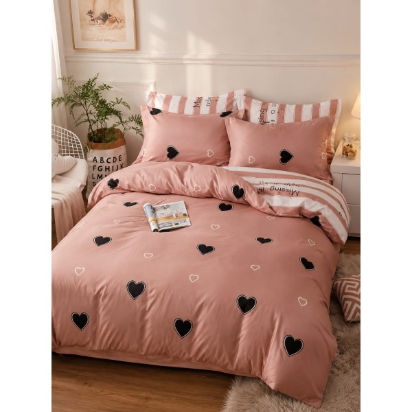 Lenjerie de Pat Dublu 4 Piese Bumbac Satinat Superior – Model Inimioare Maro și Negru, LDBS-306 Lenjerie de Pat Dublu 4 Piese Bumbac Satinat Superior – Model Inimioare Maro și Negru, LDBS-306