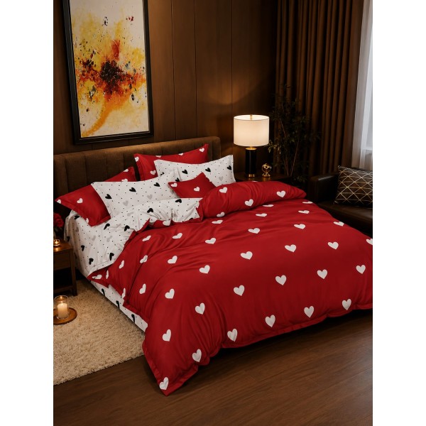 Lenjerie de Pat Dublu 4 Piese Bumbac Satinat Superior – Model Inimioare Roșu cu Alb, LES-099