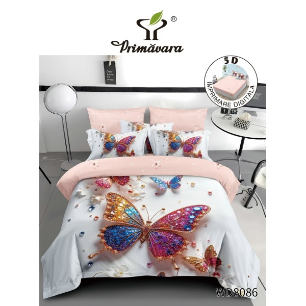 Lenjerie de Pat Dublu 4 Piese 5D cu Cearșaf cu Elastic – Model Fluturi Multicolori, LFL-117